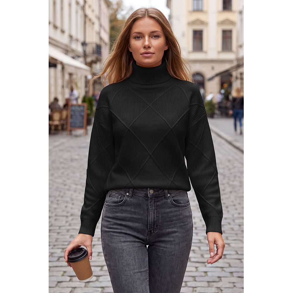 Attraco Women's Turtleneck Diamond Knit Sweater Long Sleeve Ribbed Pullover Cozy Winter Sweater