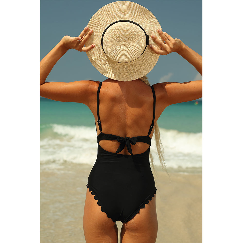 Charmo Women's Scalloped Trim V Neck Adjustable Strap Open Back Tie One Piece Swimsuit