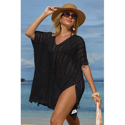 Charmo Women's Crochet Hollow Out Batwing Sleeves Cover Ups with Adjustable Side Slit Drawstrings Beach Wear