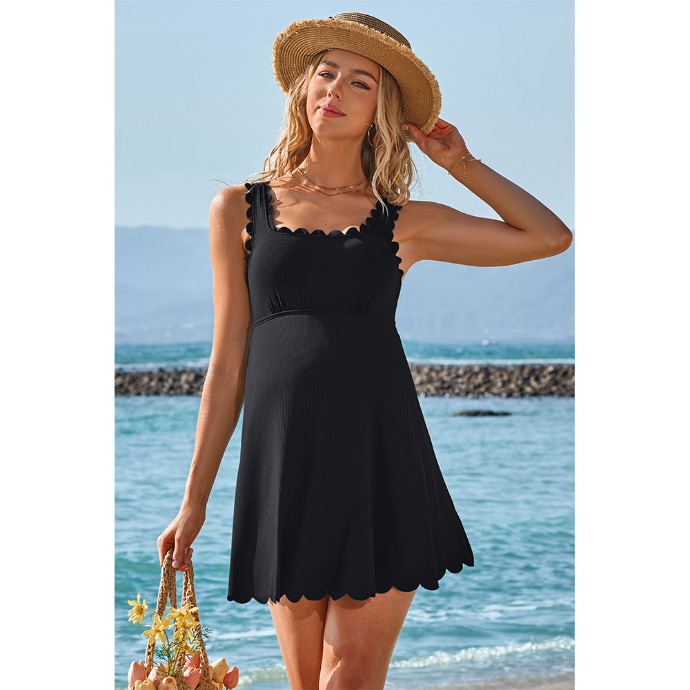 Charmo Ribbed Maternity Swimsuit One Piece Scalloped Pregnancy Bathing Suit Push Up Modest Swim Dress Swimwear