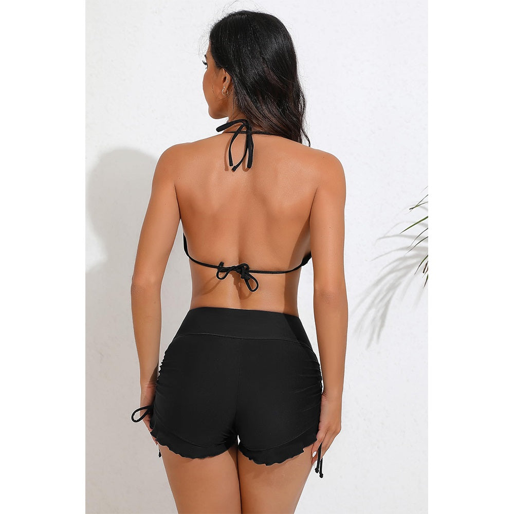Charmo Women's Ruffled Hem Swim Shorts High Waisted Swimsuit Shorts Adjustable Side Tie Swim Bottom Board Shorts