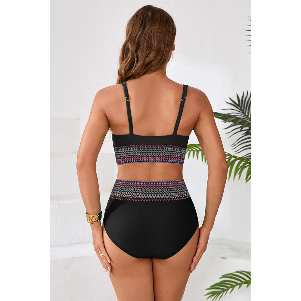 Charmo Women's Embellished Waist Band Bikini Set V Neck Adjustable Straps Two Pieces Swimwear Set