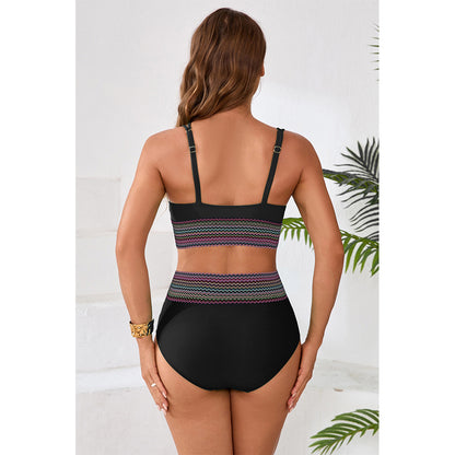 Charmo Women's Embellished Waist Band Bikini Set V Neck Adjustable Straps Two Pieces Swimwear Set