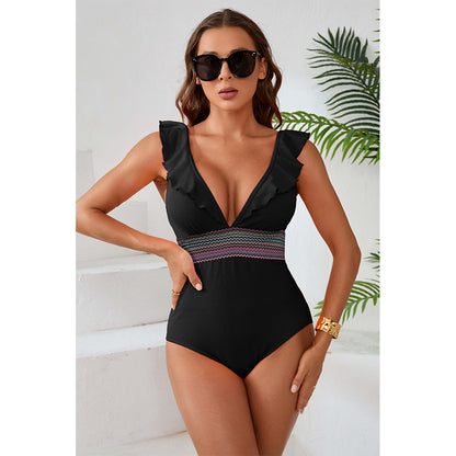 Charmo Women's Ruffled Plunge V Neck Cutout Back One Piece Swimsuit with Waist Band