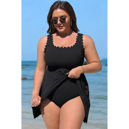 Charmo Women's Plus Size Ribbed Swim Dress Scalloped Square Neck One Piece Swimsuit Tummy Control Bathing Suit Rushed Swim Suits 2026