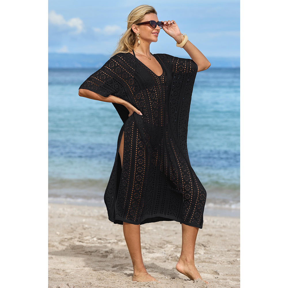 Charmo Women's Crochet Hollow Out V Neck Batwing Sleeves & High Side Slits Cover Ups