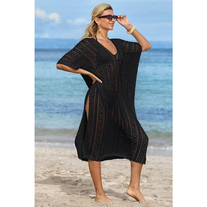 Charmo Women's Crochet Hollow Out V Neck Batwing Sleeves & High Side Slits Cover Ups