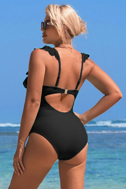 Charmo Women's Lace Trimmed Ruffled Sleeve One Piece Swimsuit Deep V-Neck & Back Cutout Bathing Suit