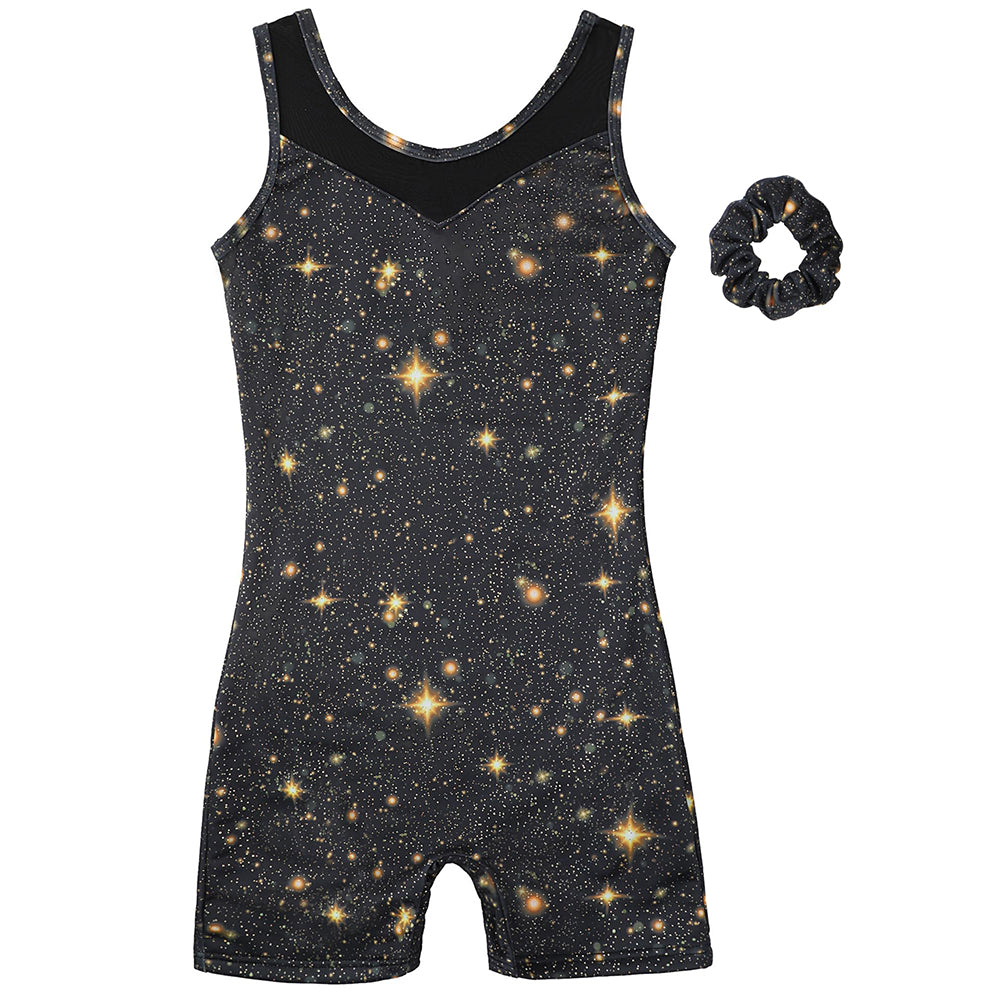Charmo Girls Sleeveless Gymnastics Unitard, Glitter Butterfly Dance Outfit with Mesh Yoke & Matching Scrunchie Gymnastics Leotards 5-12Years