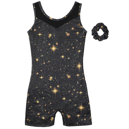 Charmo Girls Sleeveless Gymnastics Unitard, Glitter Butterfly Dance Outfit with Mesh Yoke & Matching Scrunchie Gymnastics Leotards 5-12Years