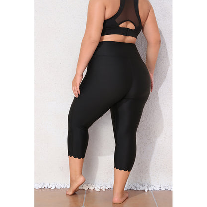 Charmo Women's Plus Size High Waisted Capri Swim Leggings with Scalloped Hem Swim Pants