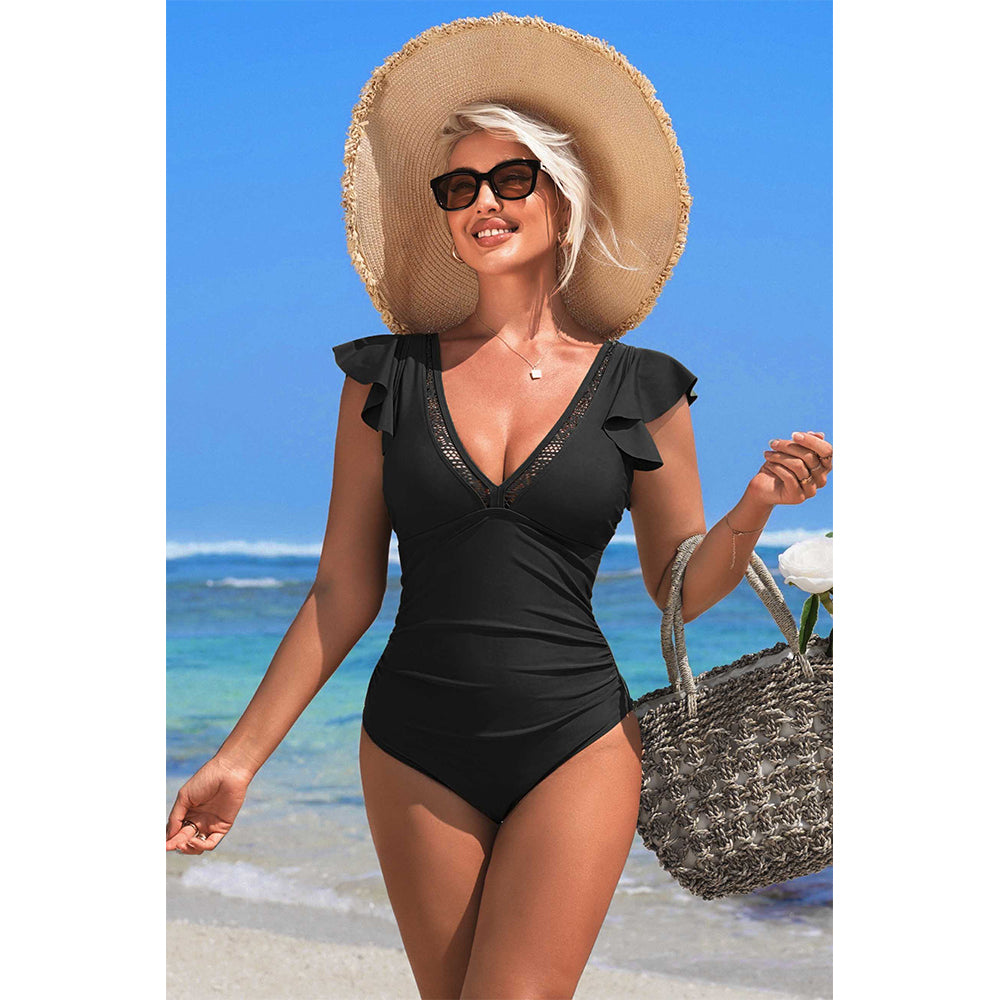 Charmo Women's Ruffled Shoulder One Piece Swimsuit Embellished V-Neck & Back Cutout Bathing Suit