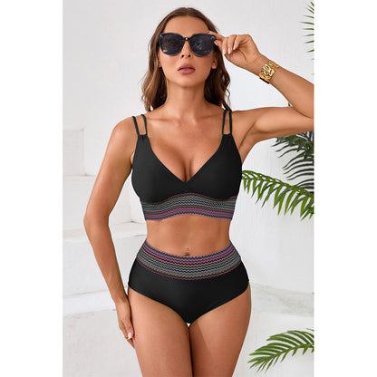 Charmo Women's Embellished Waist Band Bikini Set V Neck Adjustable Straps Two Pieces Swimwear Set