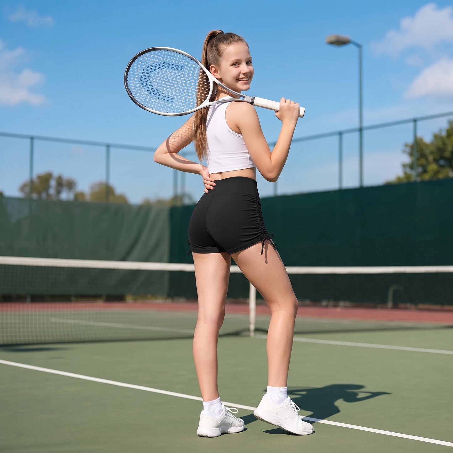 Attraco Girls High Waisted Ruched Biker Shorts with Side Tie, Stretch Athletic Workout Yoga Shorts for Kids