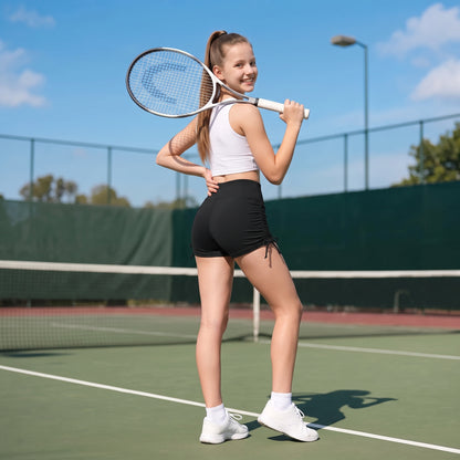 Attraco Girls High Waisted Ruched Biker Shorts with Side Tie, Stretch Athletic Workout Yoga Shorts for Kids