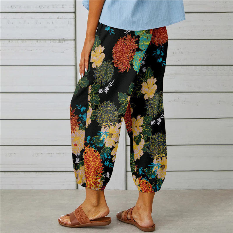 Attraco Women High Waist Drawstring Cropped Jogger Pants Vintage Floral Print Side Pocket Casual Trousers