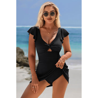 Charmo Women's Twist Front Ruffled Sleeve Cutout Backless Flared Swim Dress with Built-In Bottoms
