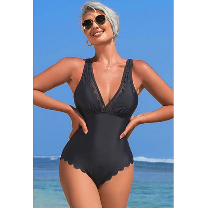 Charmo Women's Scalloped Edge Deep V Neck Open Back One Piece Swimsuit