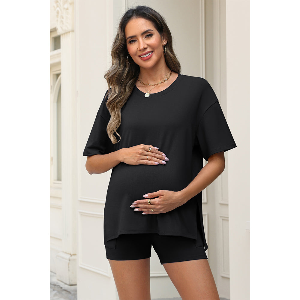 Attraco Maternity Two Piece Side Slit Short Sleeve Lounge Set with Pocketed High Waist Shorts
