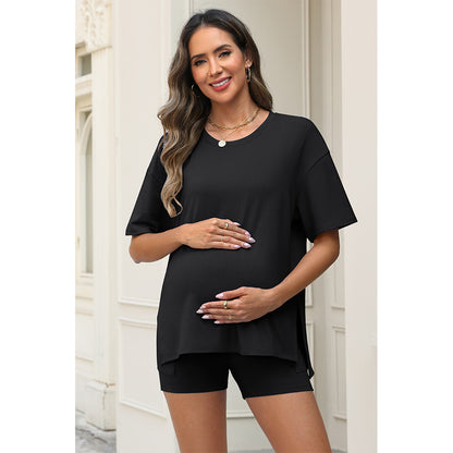 Attraco Maternity Two Piece Side Slit Short Sleeve Lounge Set with Pocketed High Waist Shorts