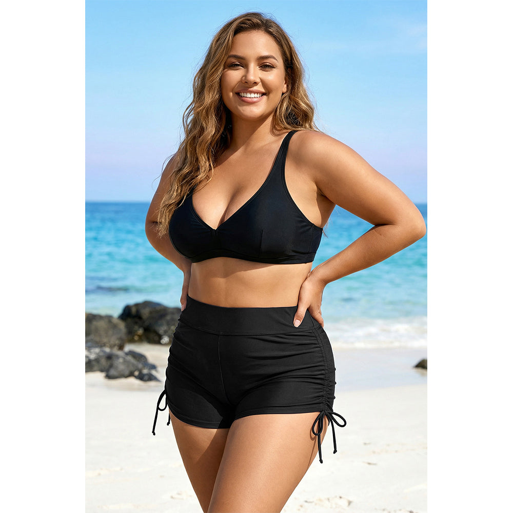 Charmo Women's Plus Size High Waist Ruched Side Tie Swim Shorts Swim Bottom