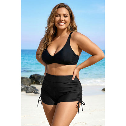 Charmo Women's Plus Size High Waist Ruched Side Tie Swim Shorts Swim Bottom