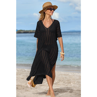 Charmo Women's Crochet Hollow Out V Neck Batwing Sleeves & High Side Slits Cover Ups