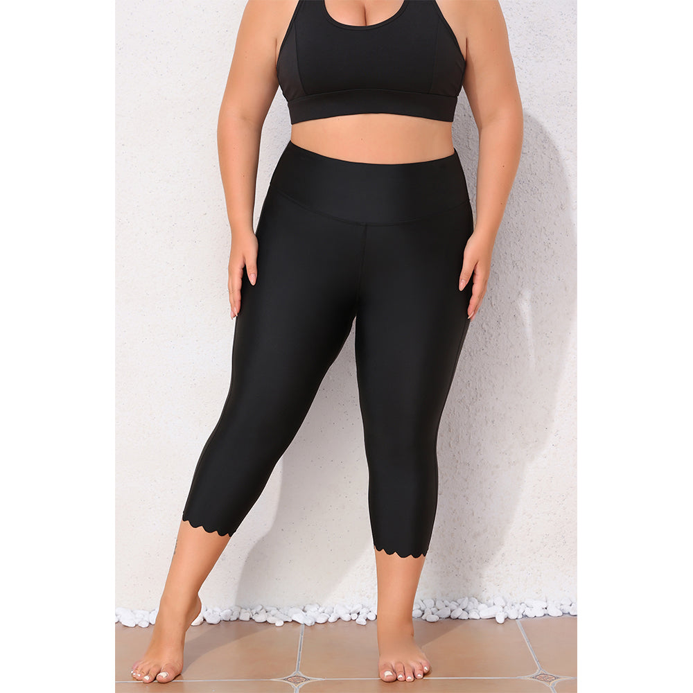 Charmo Women's Plus Size High Waisted Capri Swim Leggings with Scalloped Hem Swim Pants