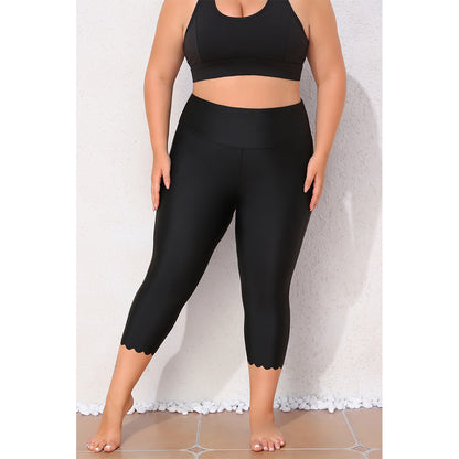 Charmo Women's Plus Size High Waisted Capri Swim Leggings with Scalloped Hem Swim Pants