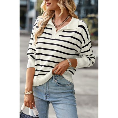 Attraco Women's Striped Collared Long Sleeve Knit Sweater Pullover Tops