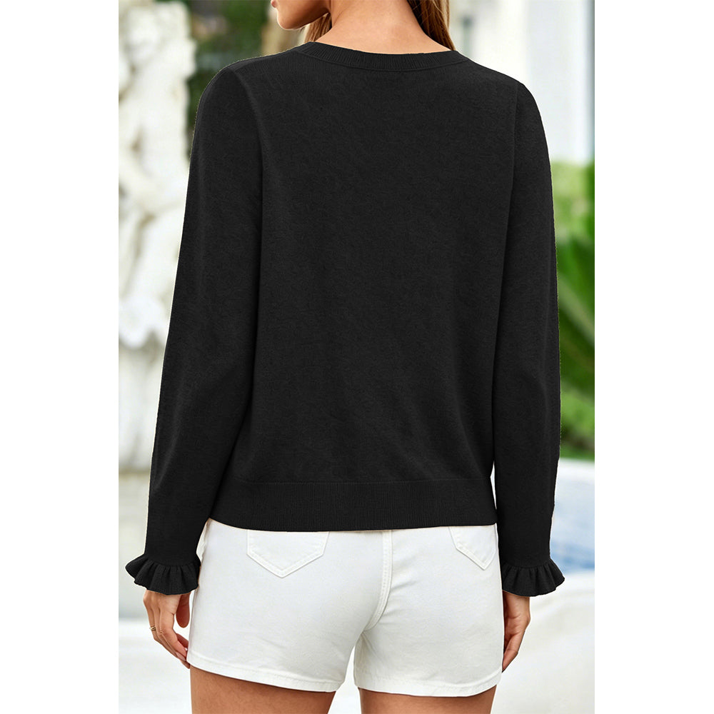 Attraco Women's Long Sleeve Ruffle Trim Cardigan Sweater Button Front Knit Top