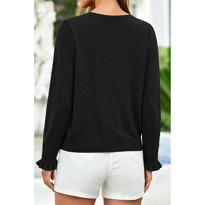 Attraco Women's Long Sleeve Ruffle Trim Cardigan Sweater Button Front Knit Top
