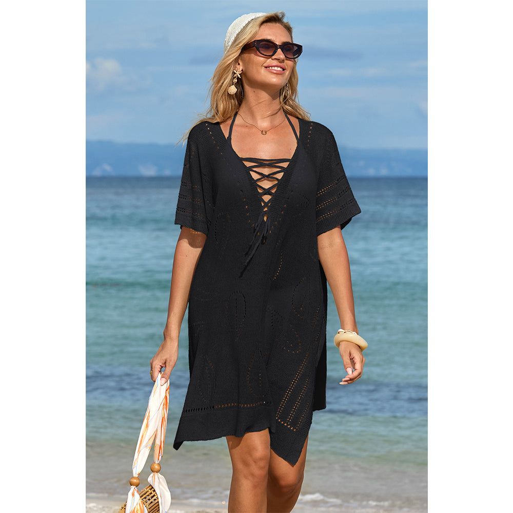 Charmo Women's Open Knit Leaf Pattern  Lace-Up Front & Side Slits Cover Ups