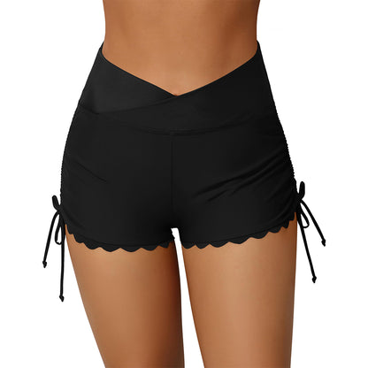 Charmo Women's High Waist Crossover Scalloped Hem Drawstring Swim Shorts Swim Bottom