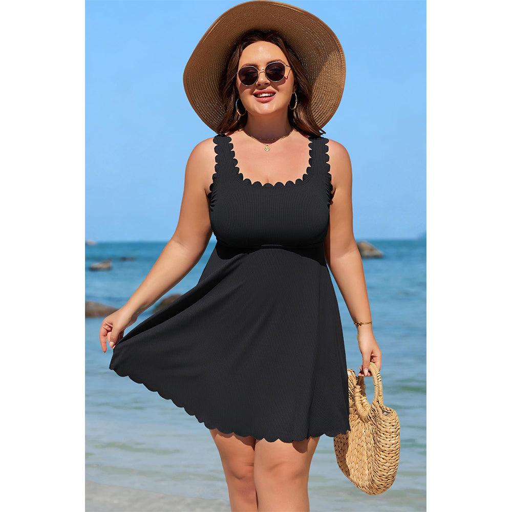 Charmo Women's Plus Size Ribbed Swim Dress Scalloped Square Neck One Piece Swimsuit Tummy Control Bathing Suit Rushed Swim Suits 2026
