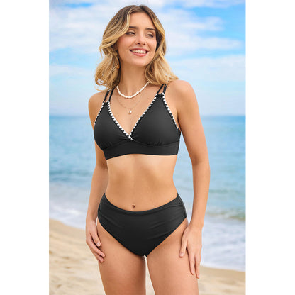 Charmo Women's Pearl-Trimmed V-Neck High-Waisted Bikini with Adjustable Back Closure Bathing Suit Set