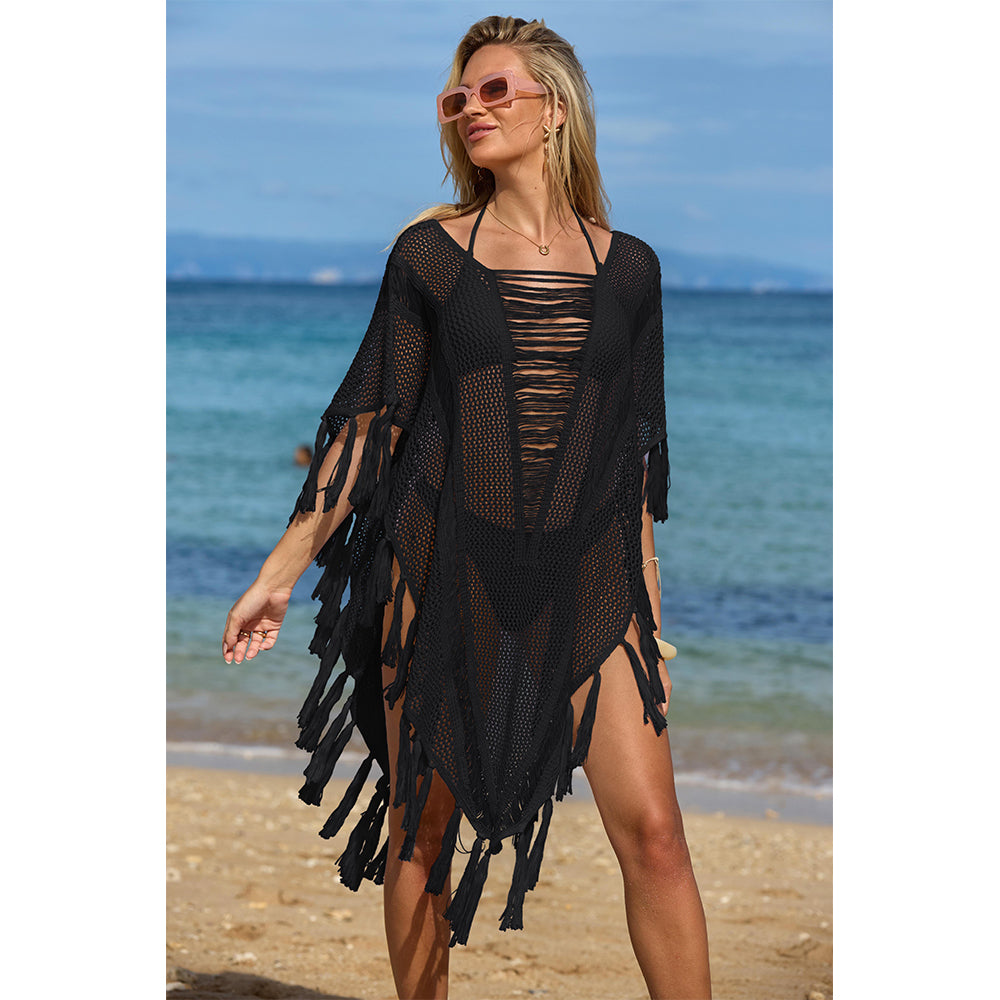 Charmo Women's Open Knit Fringe Cover Up with Sheer Design & Tassel Details Beach Swimwear