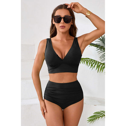 Charmo Women's Ribbed Ruched Bottom & Deep V-Neck Top Bikini Set Two Piece Swimsuit Set