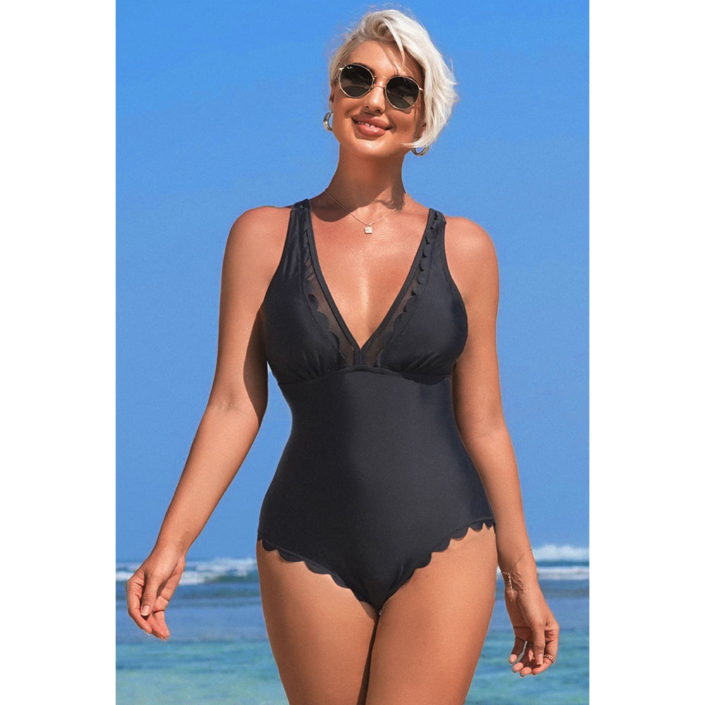 Charmo Women's Scalloped Edge Deep V Neck Open Back One Piece Swimsuit