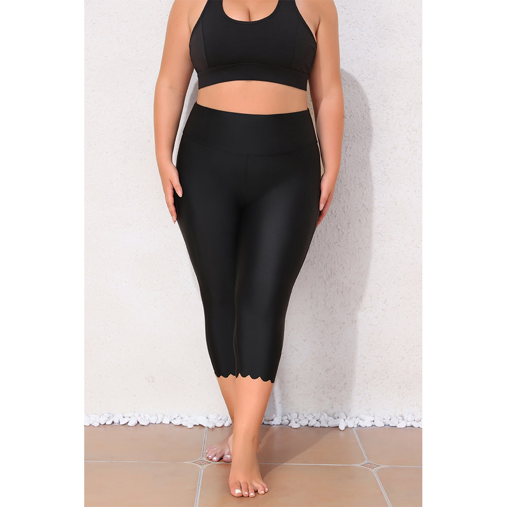 Charmo Women's Plus Size High Waisted Capri Swim Leggings with Scalloped Hem Swim Pants