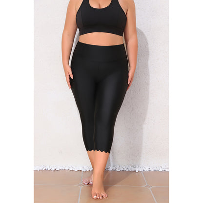 Charmo Women's Plus Size High Waisted Capri Swim Leggings with Scalloped Hem Swim Pants
