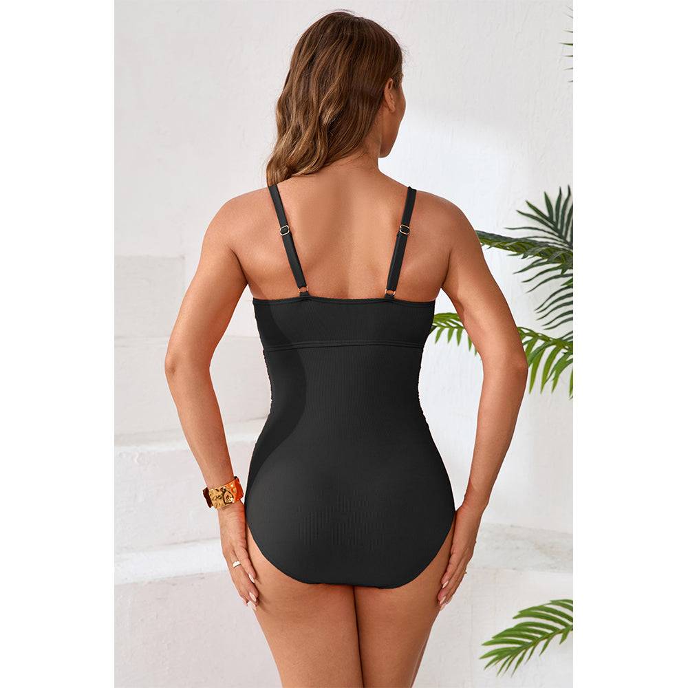 Charmo Women's Ribbed Plunge V-Neck O Ring Waist Cutout Back One Piece Swimsuit