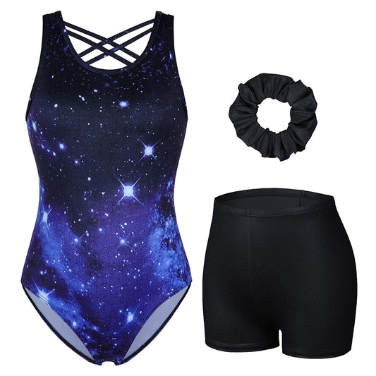 Charmo Girls Scoop Neck Cross Back Printed Gymnastics Leotard with Matching Shorts and Hair Scrunchie