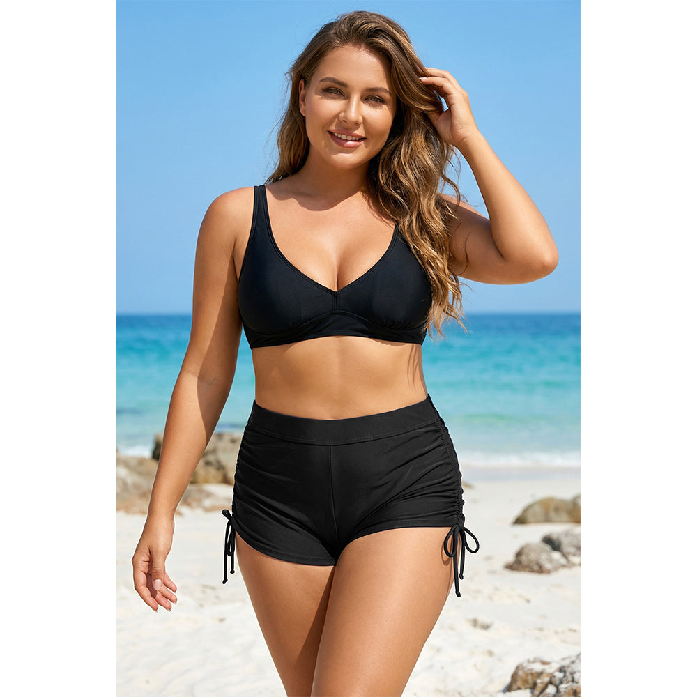 Charmo Women's Plus Size High Waist Ruched Side Tie Swim Shorts Swim Bottom
