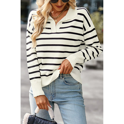 Attraco Women's Striped Collared Long Sleeve Knit Sweater Pullover Tops