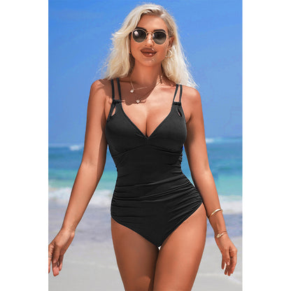 Charmo Women's Ruched Double Strap V Neck One Piece Swimsuit Back Cutout Tummy Control Bathing Suit