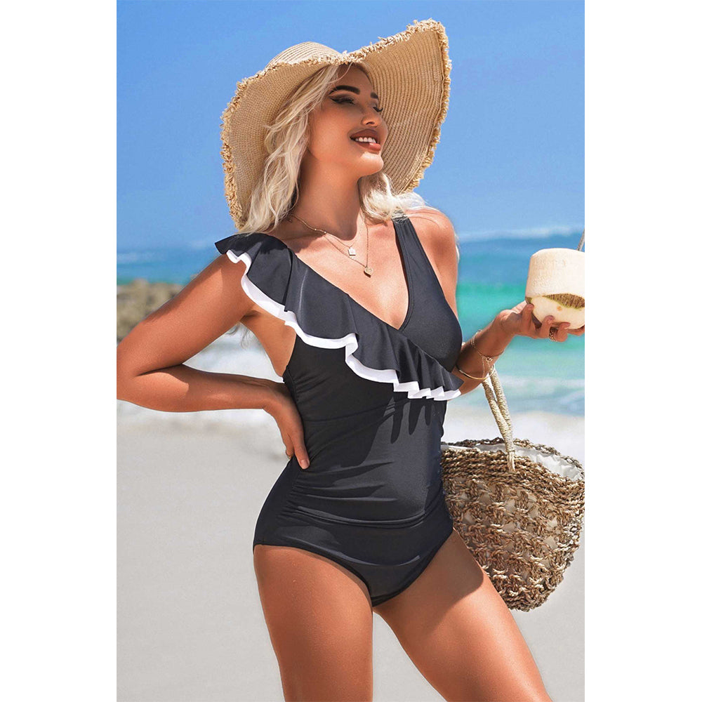 Charmo Women's Ruffled One Shoulder Cutout Ruched One Piece Swimsuit