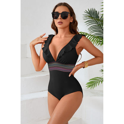 Charmo Women's Ruffled Plunge V Neck Cutout Back One Piece Swimsuit with Waist Band