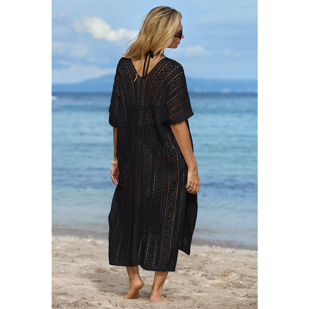 Charmo Women's Crochet Hollow Out V Neck Batwing Sleeves & High Side Slits Cover Ups