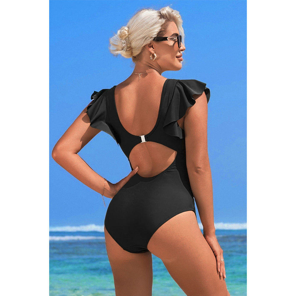 Charmo Women's Ruffled Shoulder One Piece Swimsuit Embellished V-Neck & Back Cutout Bathing Suit